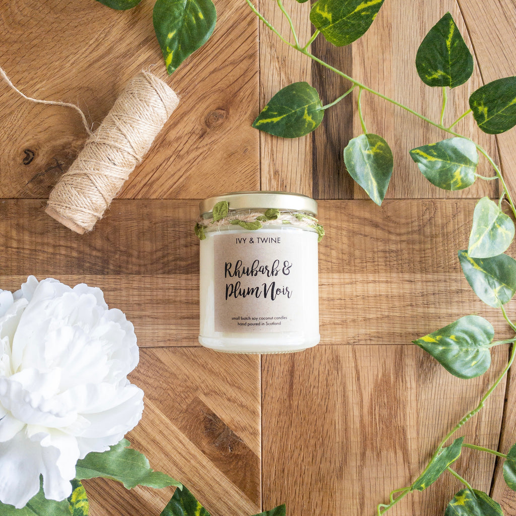 ivy and twine candles, rhubarb and plum candle, handpoured candles.